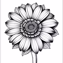 an illustration of a sunflower in black and white,a beautiful sunflower with leaves drawing on the side,a black and white flower with a single large bloom on it,a flower is drawn in ink on paper,a black and white drawing of a large flower
