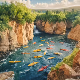 several yellow and red boats on a river near rocks,many canoes float in the water by cliffs