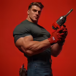 the man is posing for a photo with a drill