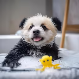 a dog laying on its stomach with a rubber ducky