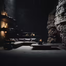a dimly lit living room with exposed lighting