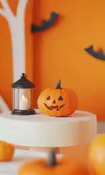 a lighted pumpkin on top of a white table