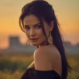 a beautiful woman wearing large earrings and a black dress