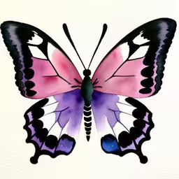 watercolor painting of a pink, black and purple butterfly