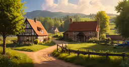 an old, rural farmhouse with a country road,a farm with houses on the side and green field