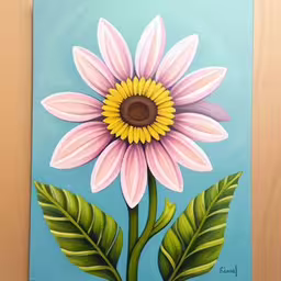 a painting of a pink flower on a blue background