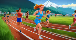 a painting of a runner and others running down a track,an image of some people running on a track