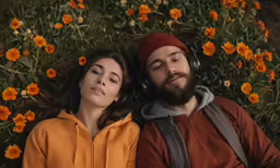 the man and woman are laying in a field of flowers