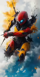 a character flying through the sky with fire coming out of his suit