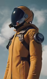 a person with an orange jacket is dressed in space suit