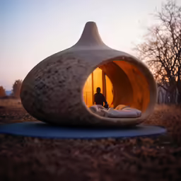 a person sitting in the center of a round bed