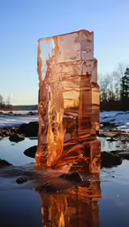ice blocks sit on the shore of water