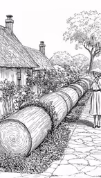 a man walking through a garden near a log road