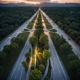 a very large highway near the road with trees on both sides