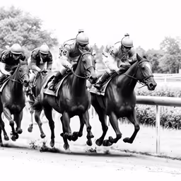 horses race on the track, with jockeys in black and white
