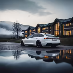 a white car parked in front of a building at night