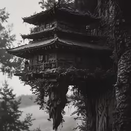 a beautiful oriental house with tree limbs