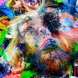 a woman covered with colorful feathers in an artistic photograph