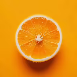 an orange that is cut in half on a yellow background