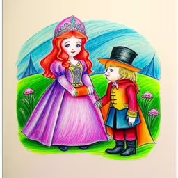 a drawing of a little girl with her red headed doll,a princess and boy are standing on the ground