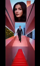 a woman on a red carpet in the middle of stairs