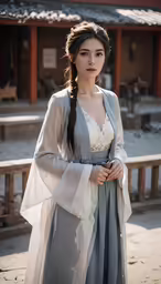 the girl is dressed in a dress and long cardigan