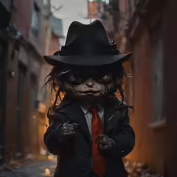 creepy doll with a top hat and tie on