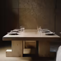 several glasses on a table that is empty