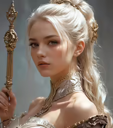 a beautiful blonde woman dressed in renaissance costume holding onto a key