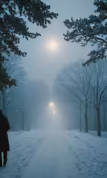 a person standing on the side of a snowy road