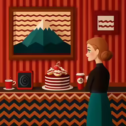 the woman stands before the red striped room
