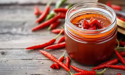 red peppers are scattered around a jar of bbq sauce