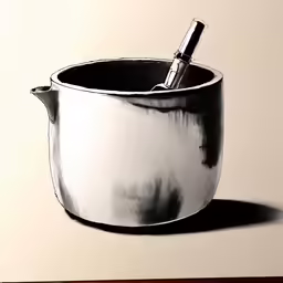 a painting of a bowl with a knife sticking out of it