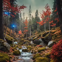 an artistic photograph of some very colorful trees and rocks
