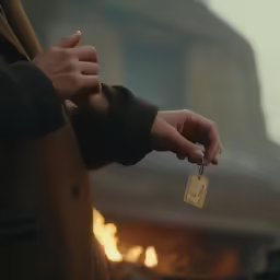 someone holding two key pieces in front of fire