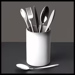 a white cup with spoons, utensils and silverware in it