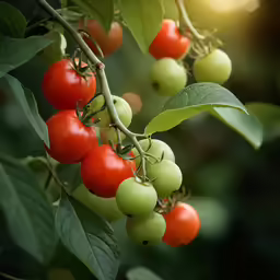 a branch with some red and green cherry tomatoes
