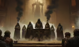 some people are standing in a large hall while the smoke is rising