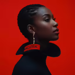 the model wears large gold earring and black top with red logo on neck