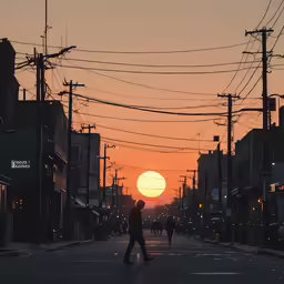 the sun setting behind some power lines above a city street