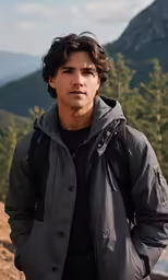 a young man with curly hair standing on a cliff near the woods
