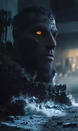 a close up of a man in the water and fire