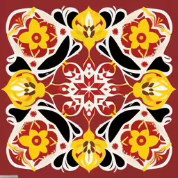 a red background has yellow and white floral shapes,colorful flower pattern design in maroon, yellow, black, white,a red flower design with yellow flowers and leaves,a yellow flower sits on red fabric,red and yellow geometric pattern with flowers on red background