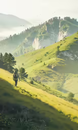 a man is walking on the side of a mountain trail