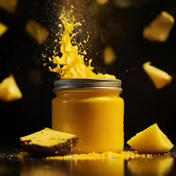 a jar filled with some yellow stuff and some slices of bread