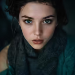 a woman with blue eyes has an up close look on her face