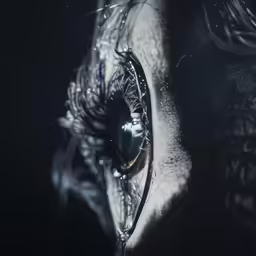 a creepy, scary looking face with an eyeball in the background