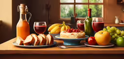 a wooden table topped with plates of food and drinks,a painting of fruit, wine and bread is being displayed