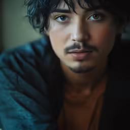 a young man with long black hair is wearing a blue jacket