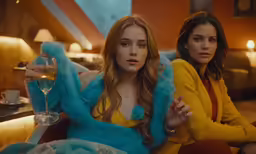 two women wearing brightly colored coats looking serious